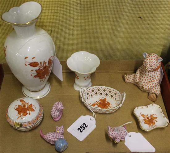 Herend seated bear (rust), 3 miniature kittens (pink) & 5 items Chinese Bouquet decorative ware